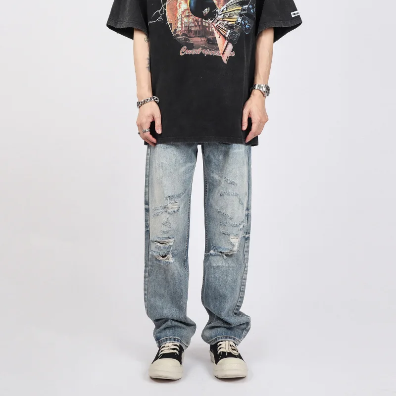 Four Seasons Men's Jeans High Street Retro Hip Hop Straight Loose Ripped Jeans Trend Korean Y2K Pants Ins Hot Sale Loose Jeans
