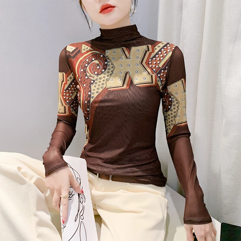 # 7441 сетчатая футболка с длинным рукавом принтом женская в корейском стиле узкая