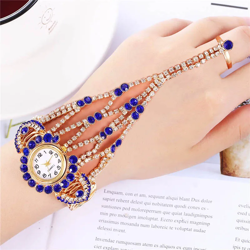 2023 New Hot Selling Luxury Gold Full Diamond Claw Chain Ring Set Women's Quartz Watch Set Girlfriend Fashion Gift