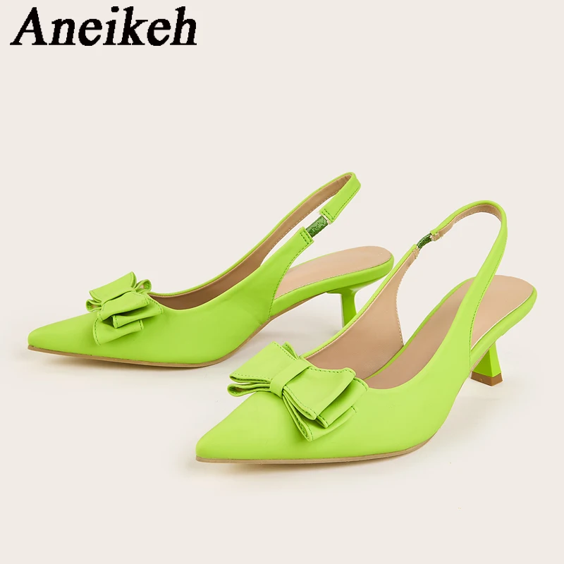 

Aneikeh2024 Fashion Elegant Butterfly-knot High Heels Women's Silk Pointed Slingbacks Elastic Band Single Shoes Party Dress35-41