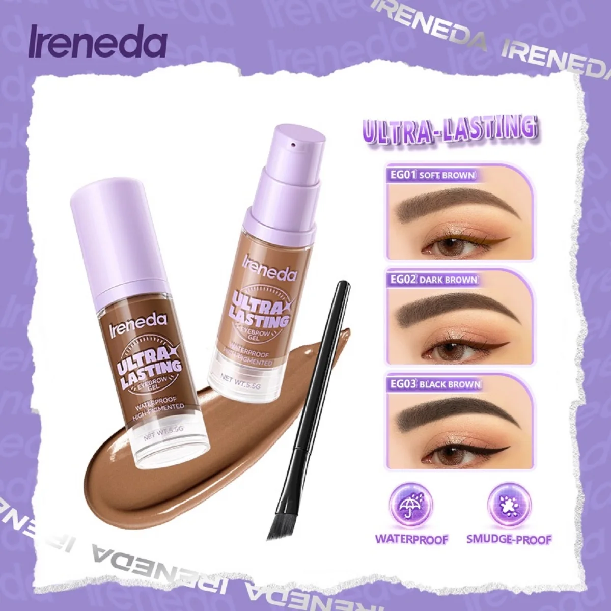 

IRENEDA Multi-function Waterproof Eyebrow Gel High Pigment Brow Cream Long-lasting Eyebrow Enhancers Makeup Cosmetics With Brush