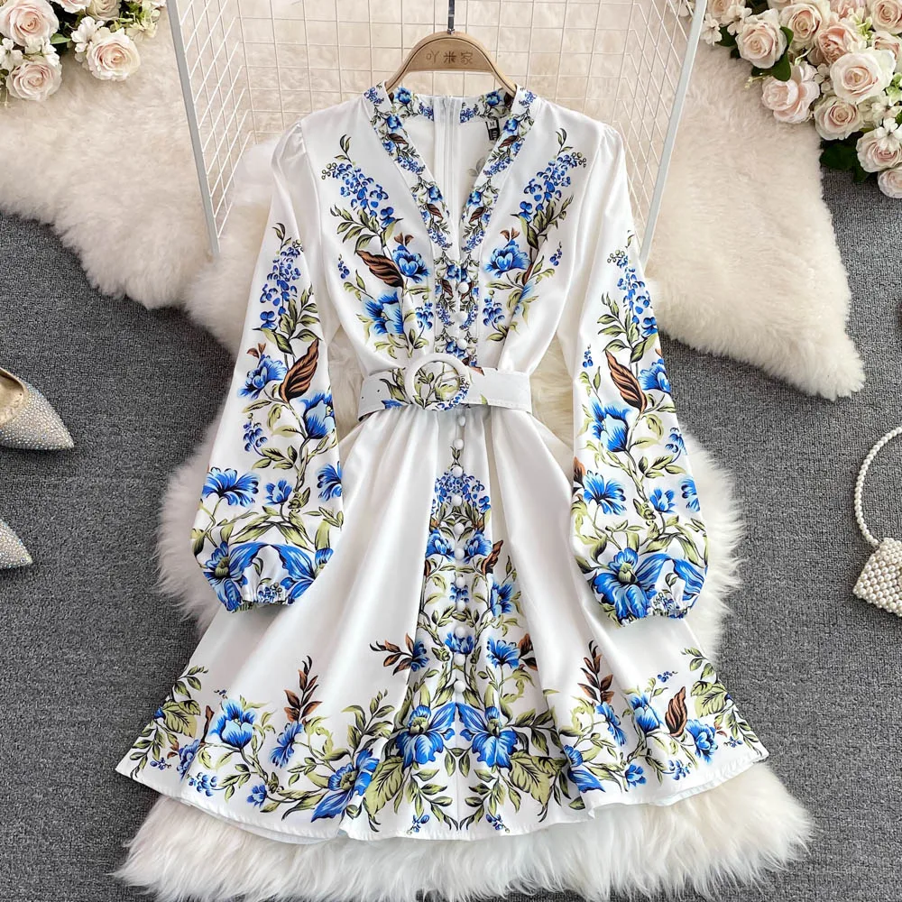 

2022 Spring Women's Skirts Retro Palace Style Print Single-breasted V-neck Puff Long-sleeved Waist And Slim A-line Swing Dress