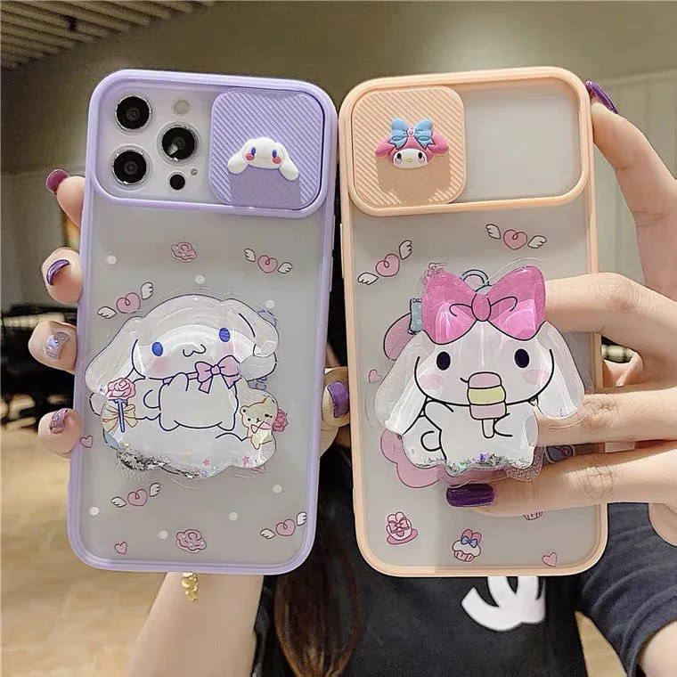 

My Melody Cinnamoroll Sliding Window with Liquid Stand Phone Cases For iPhone 13 12 11 Pro Max Mini XR XS MAX 8 X 7 Back Cover