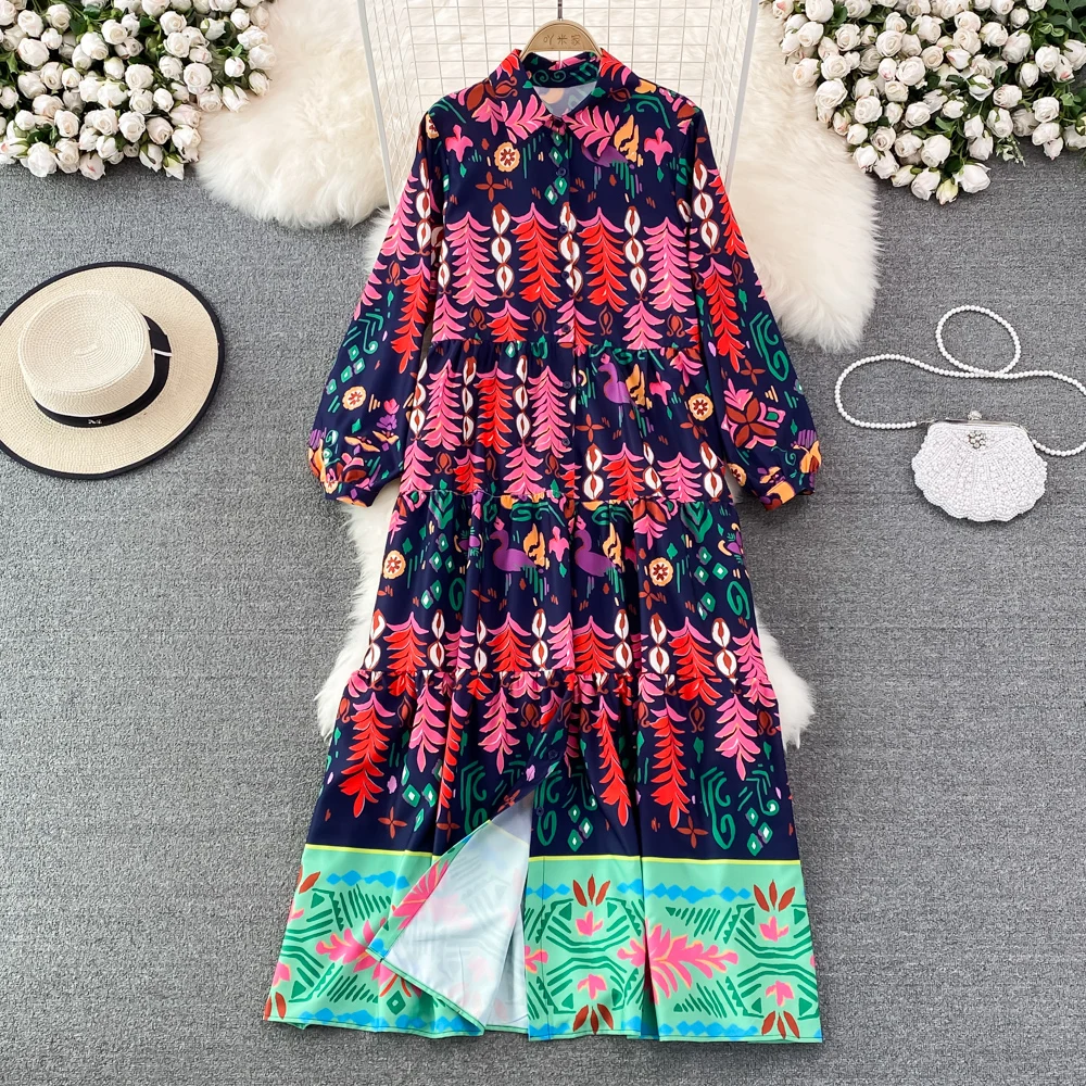 

2022 высококачественное однобортное платье трапециевидной формы с отворотами и длинными рукавами, Элегантное Длинное Платье