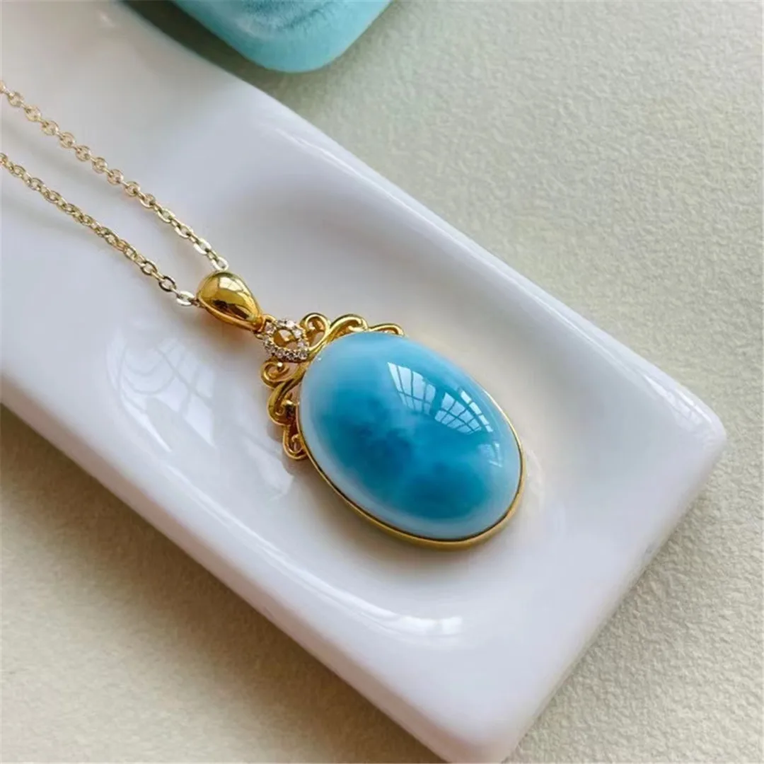 

Natural Blue Larimar Pendant Jewelry For Women Men Love Gift Crystal 19x13x9mm Beads Dominica Water Pattern Stone 18K Gold AAAAA