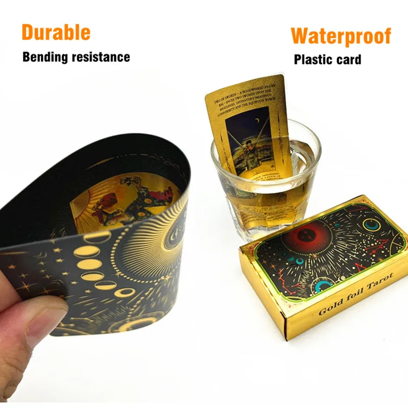 1 Deck Tarot Cards Plastic Rider Waite Gold Black Waterproof Durable Oracle With Guide Book 78 L720 |