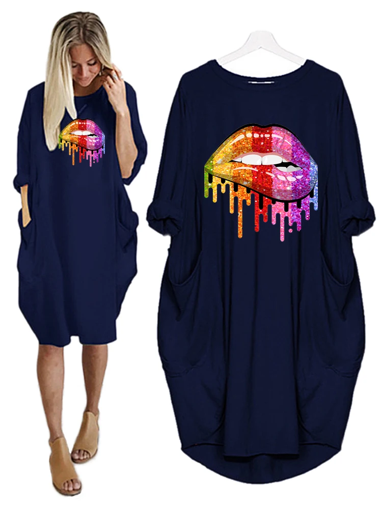 

Dresses Loose Colorful Lips Vestido Midi Dress Pockets Autumn Clothes Women Robe Femme Vintage Party Sukienka Casual Woman Dress