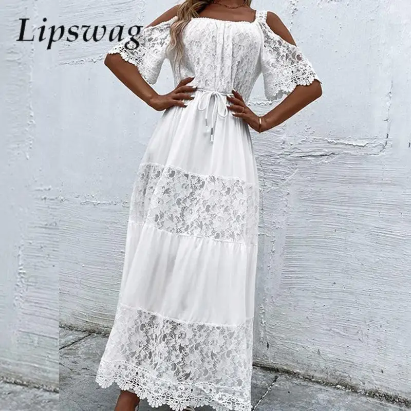 

Новинка, модное свободное летнее платье на шнуровке, женское длинное платье в стиле пэчворк, Сетчатое кружевное пляжное платье с вырезами и открытыми плечами