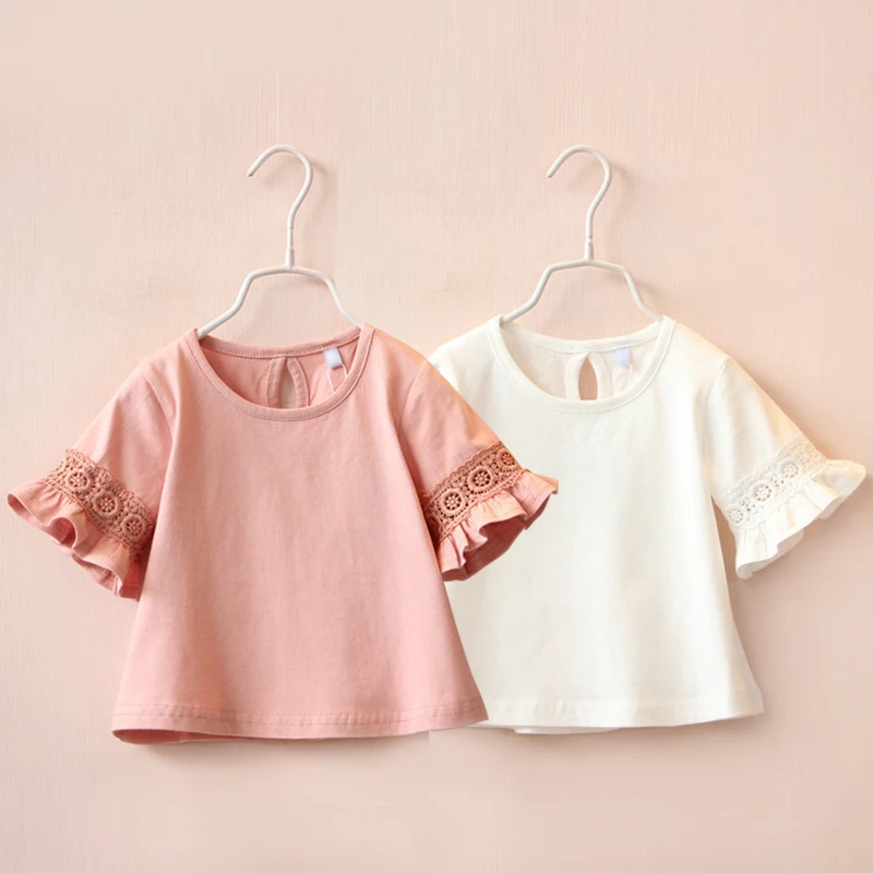 

2022 Summer 2 3 4 6 8 10 Years Cotton White Lace Patchwork Lotus Short Flare Sleeve O-Neck Embroidery T-Shirt For Girls