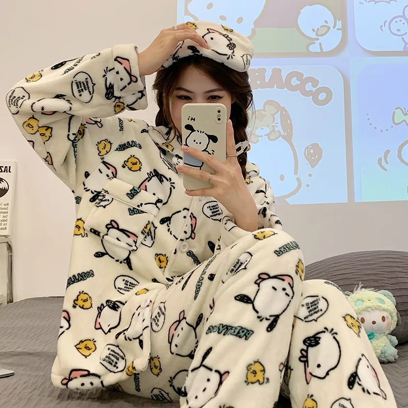 

Sanrio Pachacco осенне-зимняя Фланелевая пижама Kuromi Cinnamoroll Женская мультяшная теплая Толстая Домашняя одежда с длинным рукавом