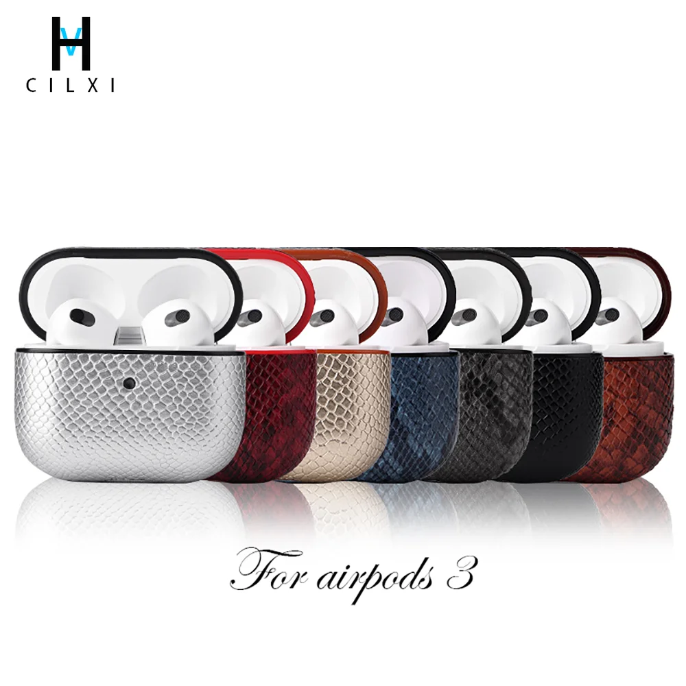 

VHCILXI for Apple Airpods 3 Case PU Material Snake Pattern Wireless Earphone Case for Airpods Pro 1 2 Case with Keychain