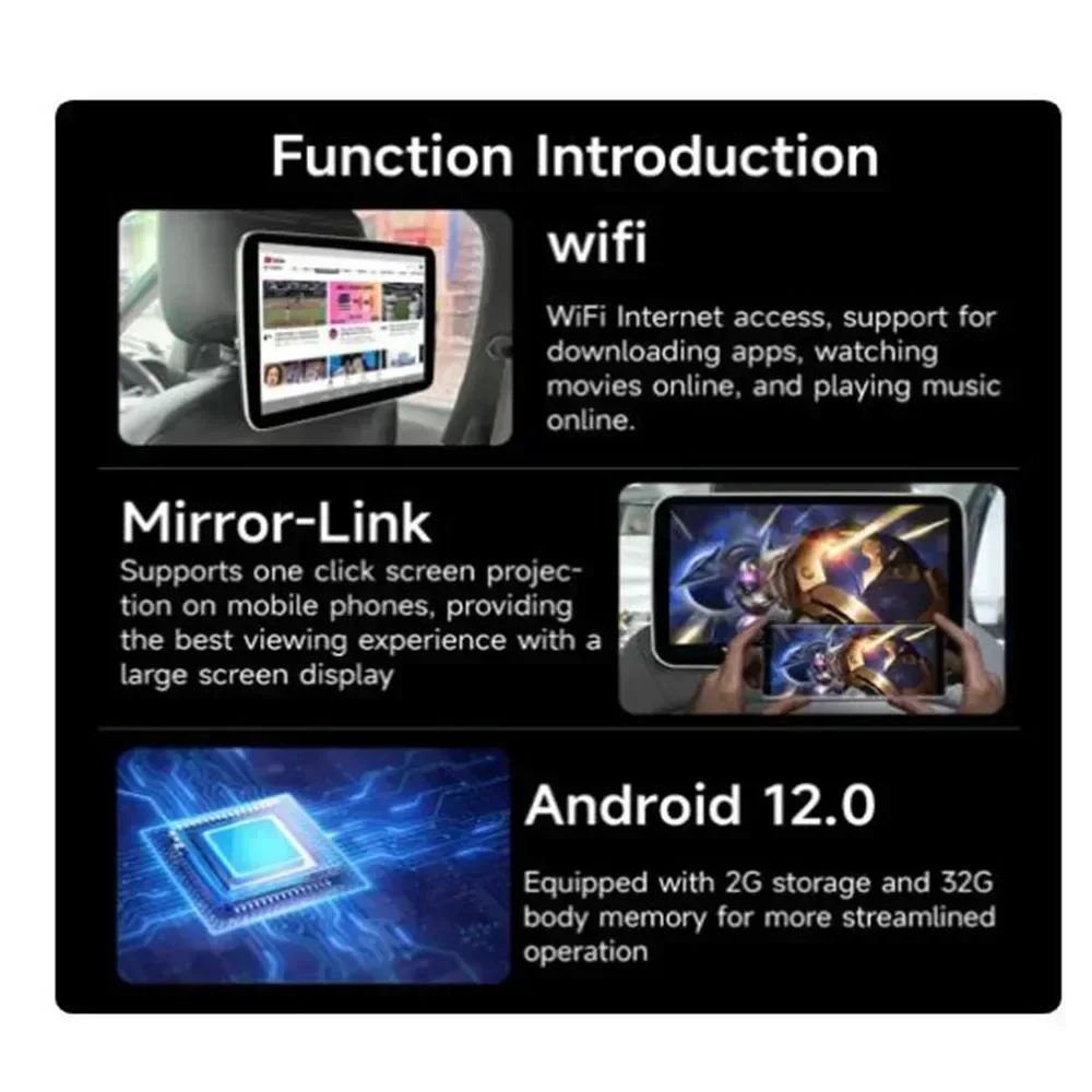 10 1-дюймовый монитор в подголовнике IPS Android 12 0 2G + 32G сенсорный экран для планшета