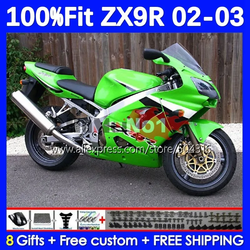 

Комплект OEM для KAWASAKI NINJA ZX-9R ZX 9R 900 CC 9 R 181MC.29 ZX900 ZX9 R 900CC ZX9R 02 03 2002 2003, зеленый в наличии, инъекционный обтекатель