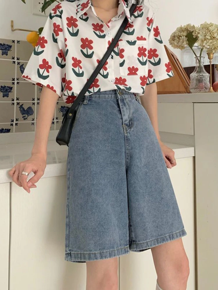 

Summer Women's Denim Shorts High Waist Straight Short Pants Oversize Cowboy Casual Button Korean Wide Leg Shorts Women