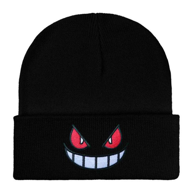 Фото 12-цветные шапочки с вышивкой из мультфильма, вязаные шапки Skullies, осенне-зимняя теплая шерстяная шапка Gengar, женские и мужские шапочки №4