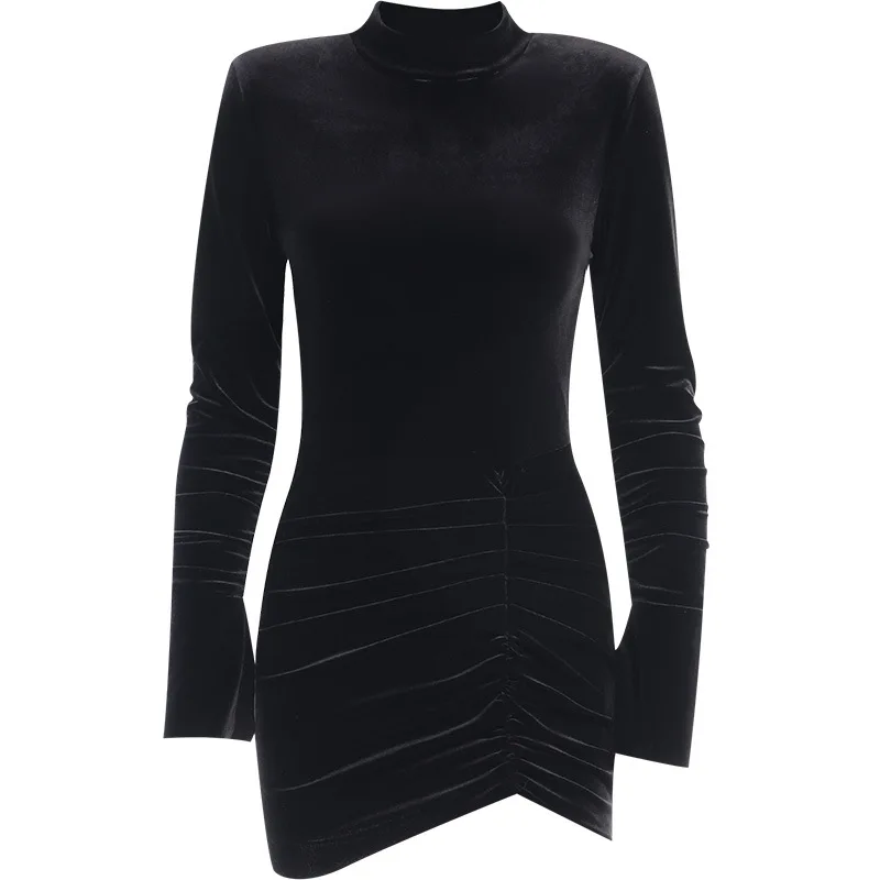 Женское бархатное облегающее мини-платье с оборками по бокам