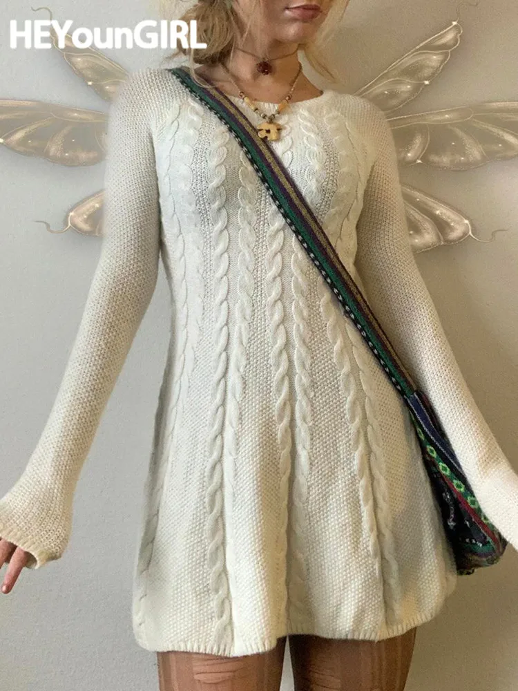 

Вязаное крючком короткое платье HEYounGIRL с круглым вырезом, эстетичное зимнее сказочное повседневное ТРАПЕЦИЕВИДНОЕ мини-платье с длинным ру...