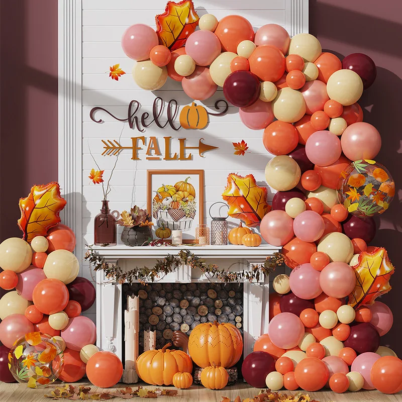 

116Pcs Autumn Theme Orange Balloon Garland Kit Maple Leaf Foil Balloons Thanksgiving Fall Birthday Party Background Decorations