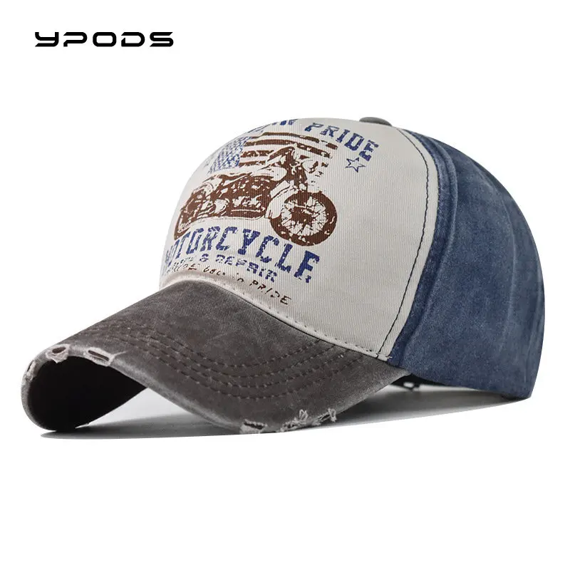 

Cotton Washed Baseball Hat Men's And Women's Flat Tongue Hat Moto Printed Outdoor Cowboy Hat Washed Used Hat