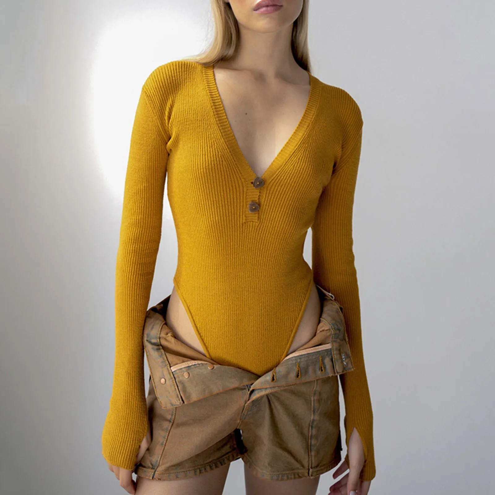 

Bodysuit Sexy Ribbed Sexy Elegant Solid Color Long Sleeve Button Deep V Neck Jumpsuit With Tummy Control Bodycon Sports Playsuit