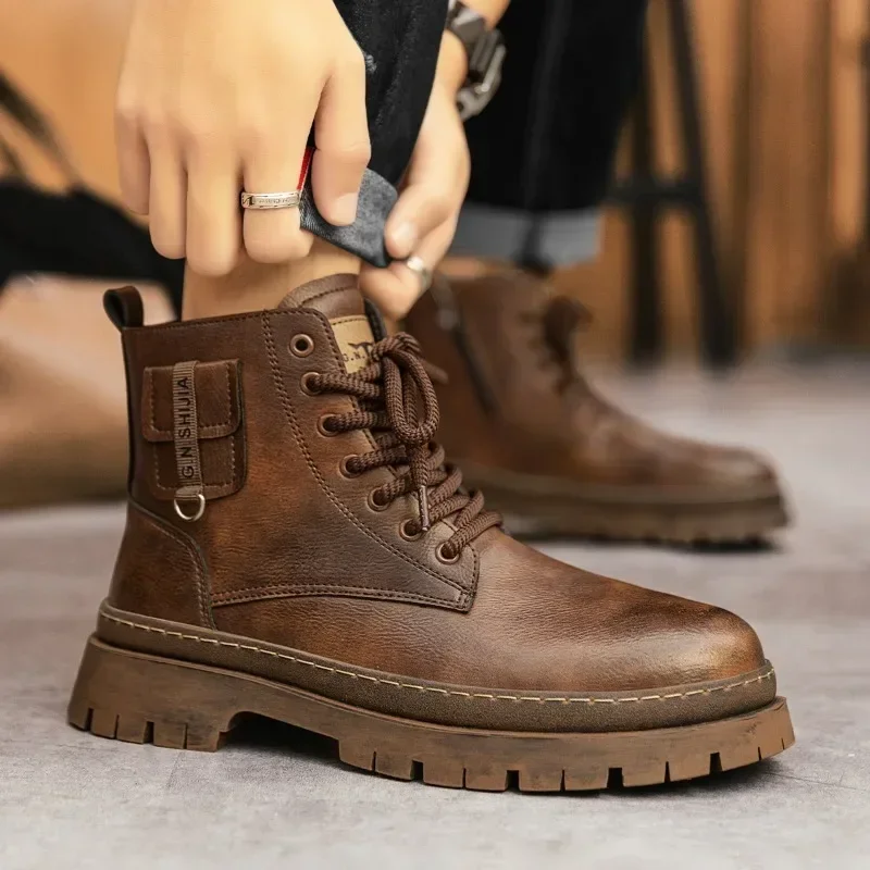 

2023 модные мужские ботинки на платформе с перекрестной шнуровкой зимние ботинки с боковой молнией повседневные мужские ботинки новые ботильоны с круглым носком женская обувь