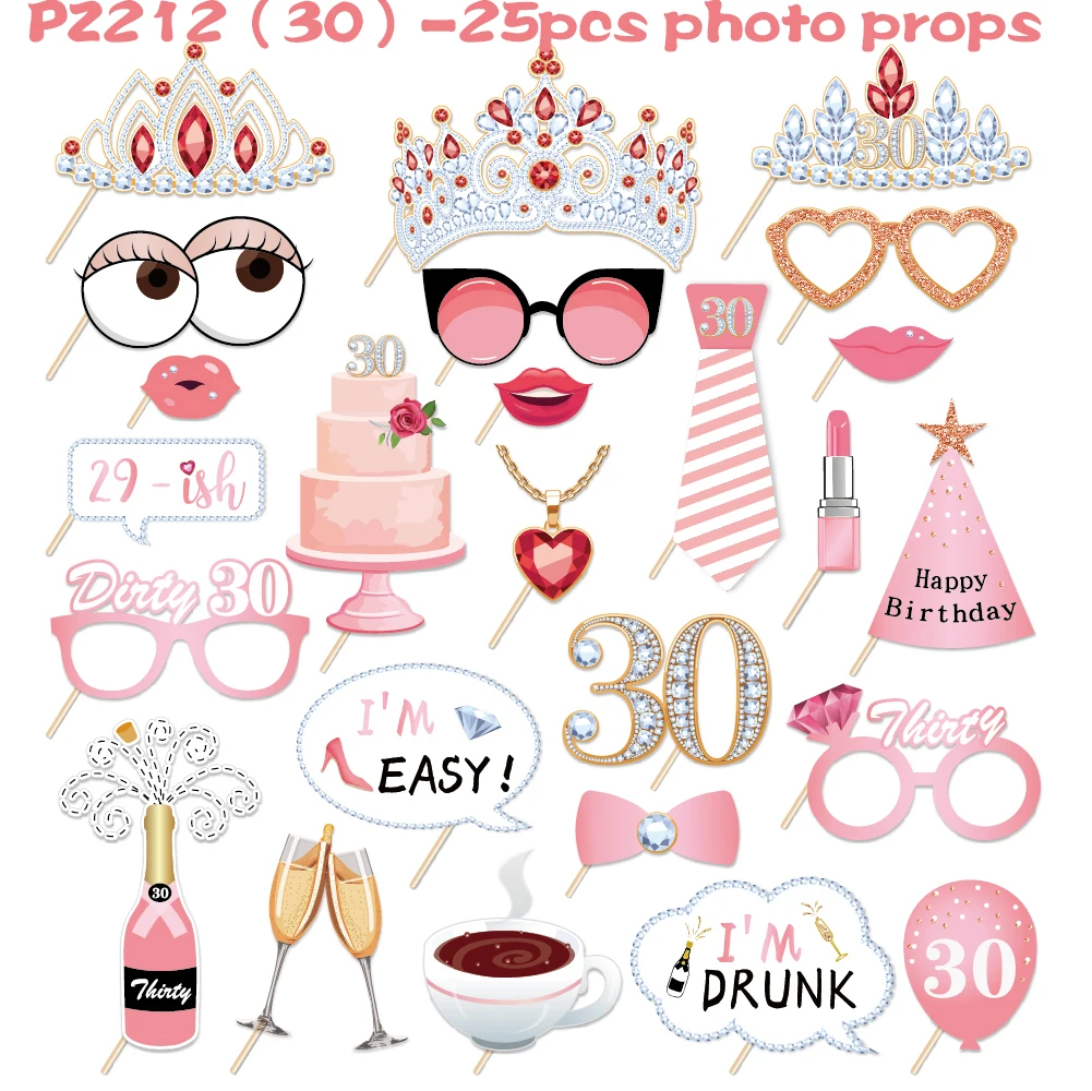 

25 шт. розовые празднования 30-го дня рождения, алмазный дизайн, бумажная фотобудка для диско вечерние НКИ, реквизит для фотобудки, товары для ...