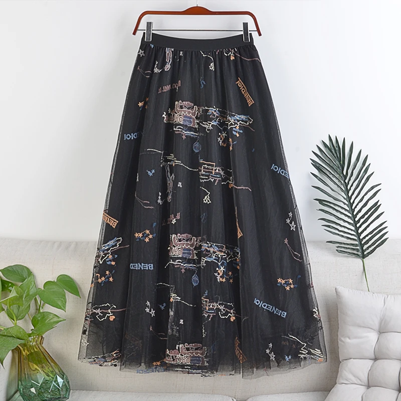 

Chic Embroidery Skirts High Waist Elastic Jupe Tulle Mujer Faldas New Autumn&Winter Gray Skirt Casual Women Clothes Dropshipping