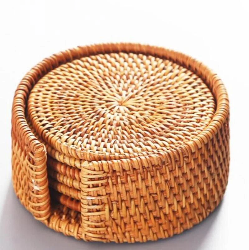 

6Pcs/set Rattan Weave Cup Mat Drink Coasters Set Wood Placemats for Table Round Tableware Dish Mat Kungfu Tea Accessories