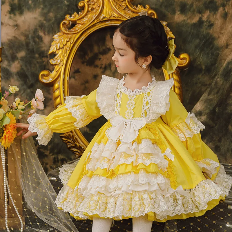 

Girl Easter Birthday Eid Clothes Baby Girl Spring Autumn Vintage Spanish Pompom Ball Gown Princess Lolita Dress for Children