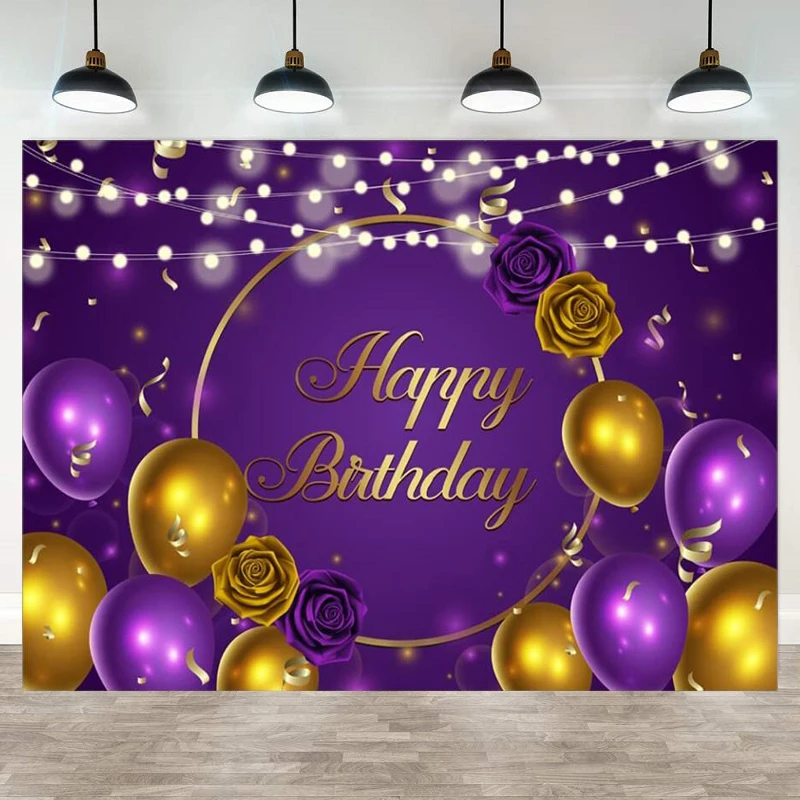 

Фиолетовый золотистый фон для фотосъемки в честь Дня Рождения с золотистыми воздушными шарами и цветами для девочек золотистое кольцо с по...