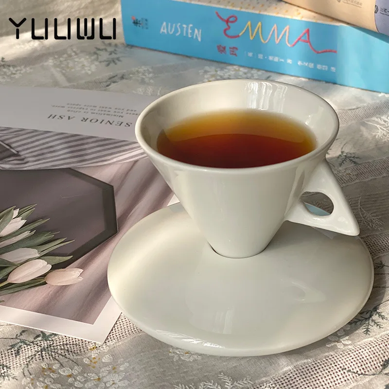 

INS Light Luxury Bone China Cone Type Cup Ceramic Pyramid Small Black Coffee Mug and Saucer Sets Demitasse Teacup