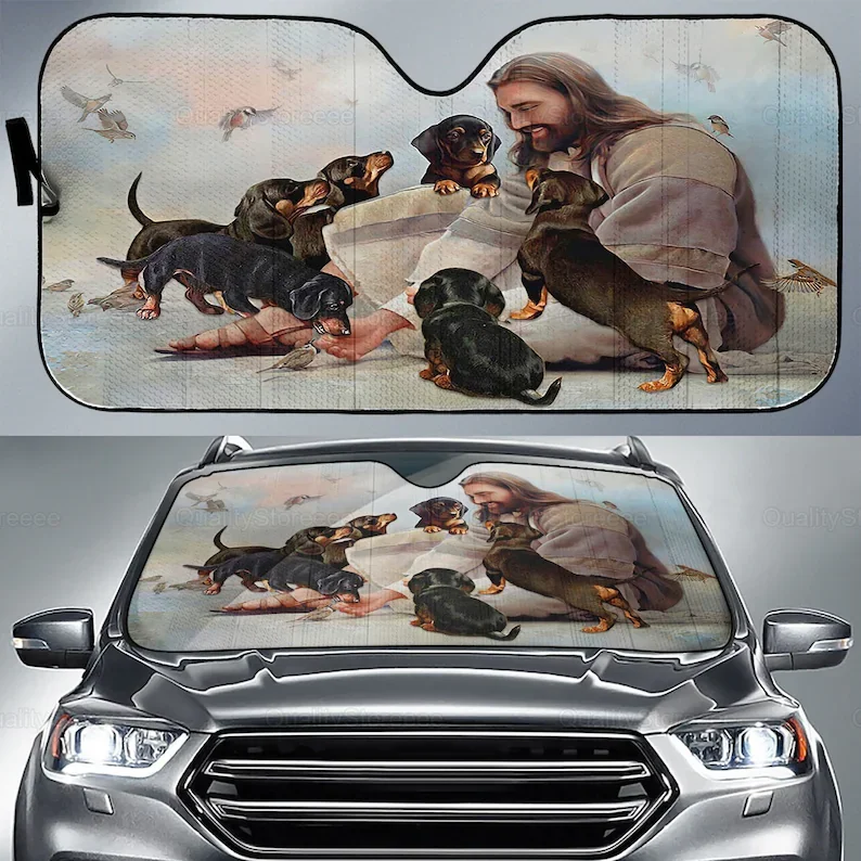 

Jesus And Dachshunds Car Sunshade, Dog Car Decoration, Funny DachShunds Car Decor, Gift For Christian, Dachshunds Lover LNG01220
