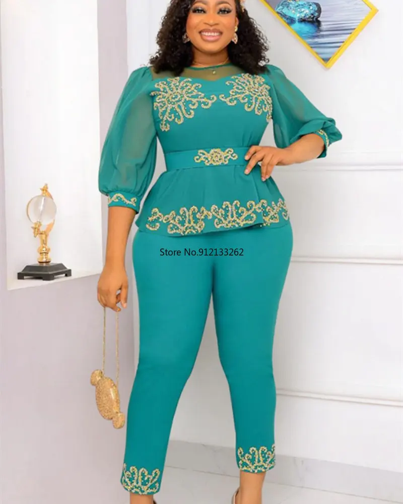 

2022 Spring Autumn African Women O-neck Half Sleeve White Black Polyester Two Pieces Sets Top and Long Pant African Suit S-5XL