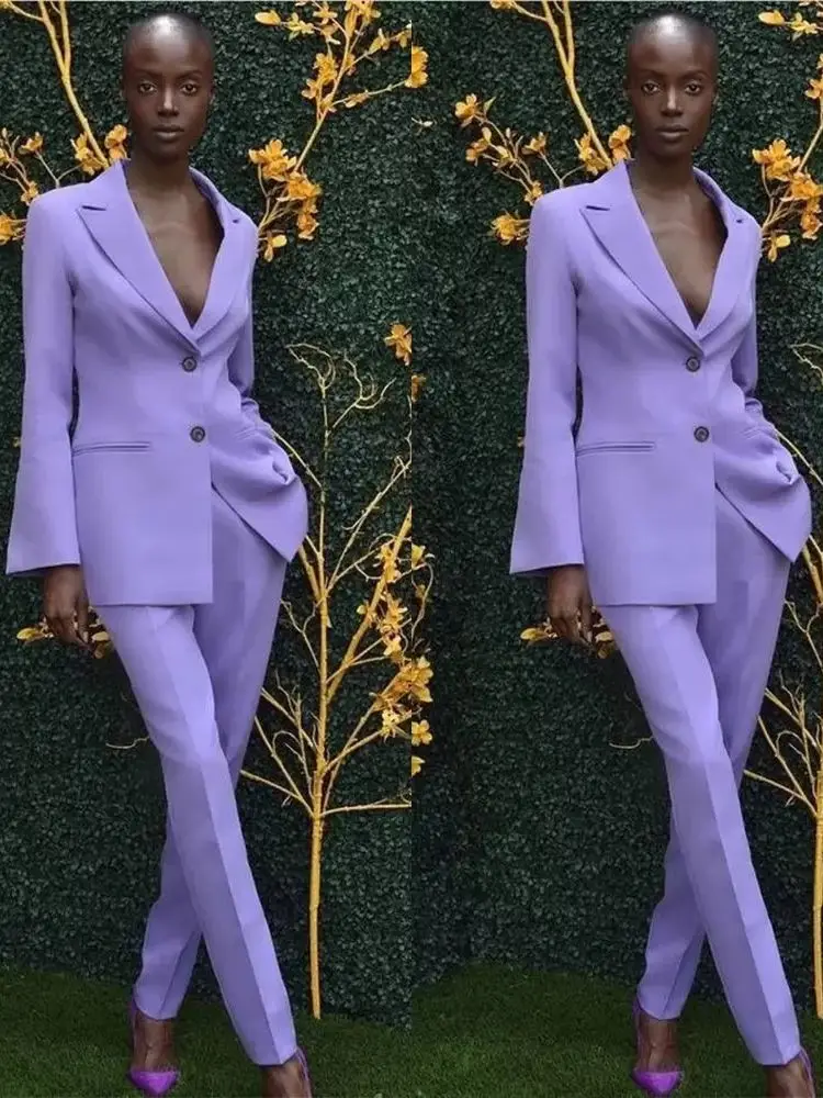 Women's Suit Fashion V Neck Two Buttons Sexy Slim Two-Piece Set Long Sleeve Solid Color Purple Lapel Casual Coat for Business