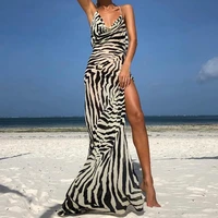 2022 sexy party dress sleeveless deep v neck summer stripe print high split beach wear swim suit cover up dress female clothes