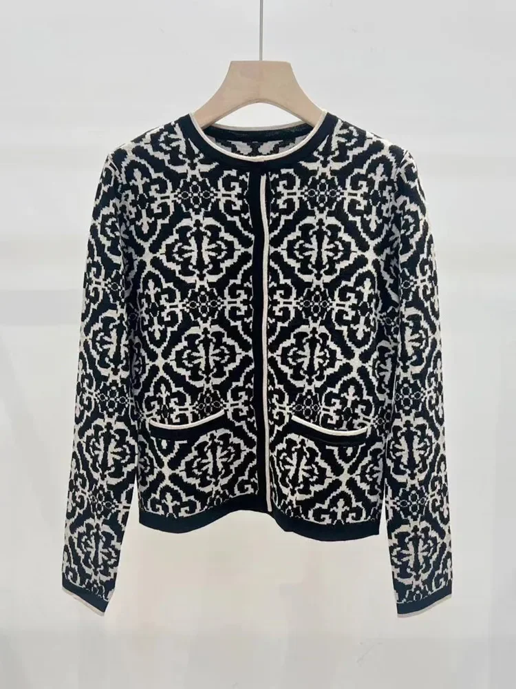 Женский прямой вязаный кардиган с круглым вырезом жаккардовый шерстяной