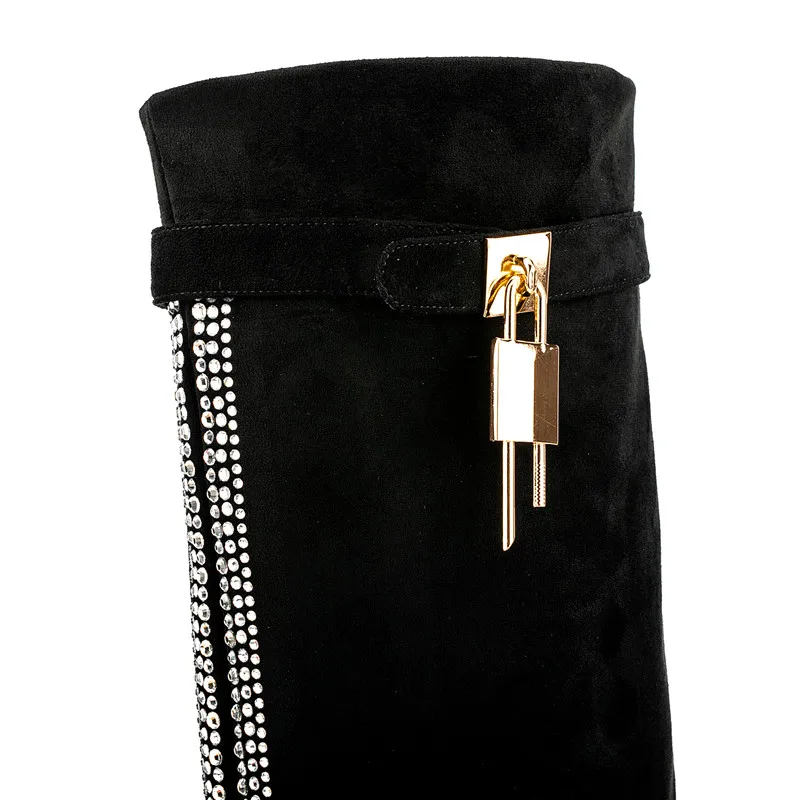 Women's New Pointy Fleece Sleeve Boots Fashion Lock Buckle Thick High Heel Medium Boots Autumn and Winter Large Knee Boots