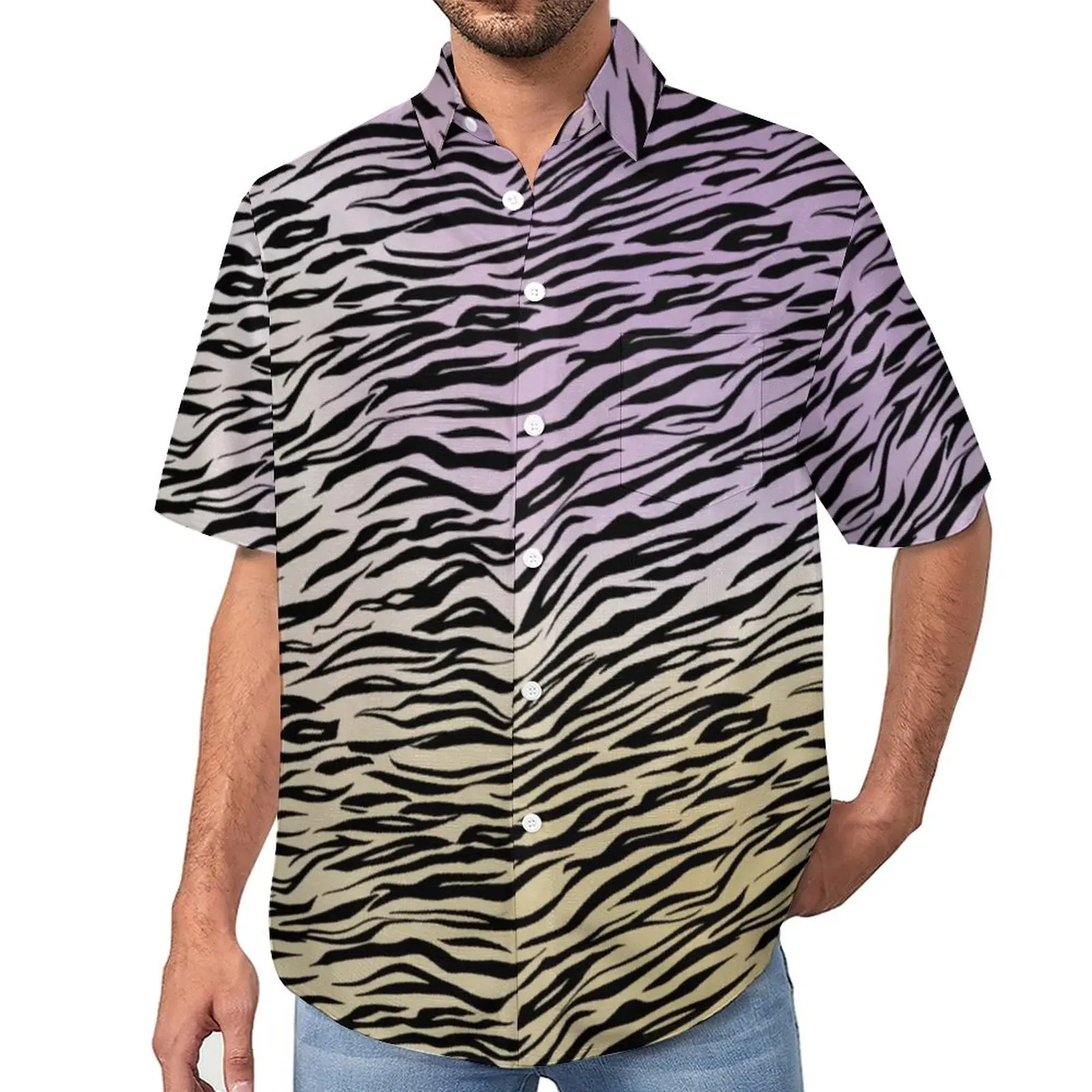 

Zebra Print Loose Shirt Man Vacation Watercolor Ombre Casual Shirts Hawaiian Custom Short-Sleeved Streetwear Oversized Blouses
