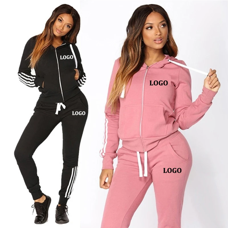 

Женская спортивная одежда с логотипом на заказ, 2 шт., женские спортивные костюмы с капюшоном и длинным рукавом, на молнии, длинные брюки, Свободный Топ, повседневный комплект одежды