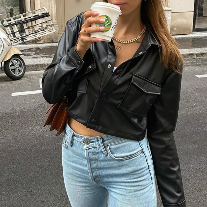Women Cropped PU Leather Single Breasted Long Sleeve Coat Jacket Winter Female Fashion Pockets Lapel Collar Solid Blazer Jacket