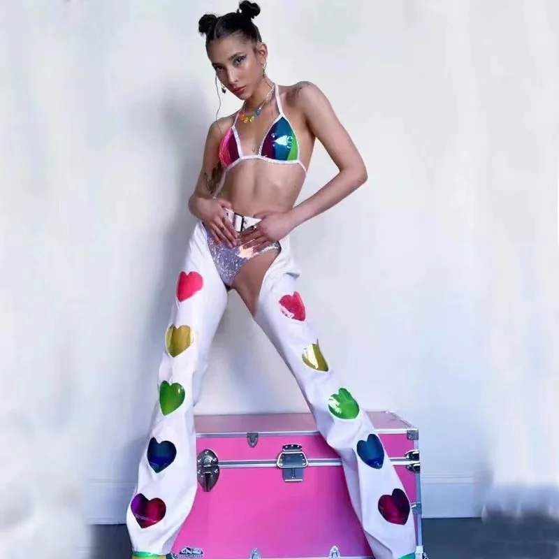 

Женский ночной клуб танцевальный певец ГОГО костюмы Rave наряд сексуальное бикини с вырезами Красочные Брюки для любви Мужская танцевальная одежда