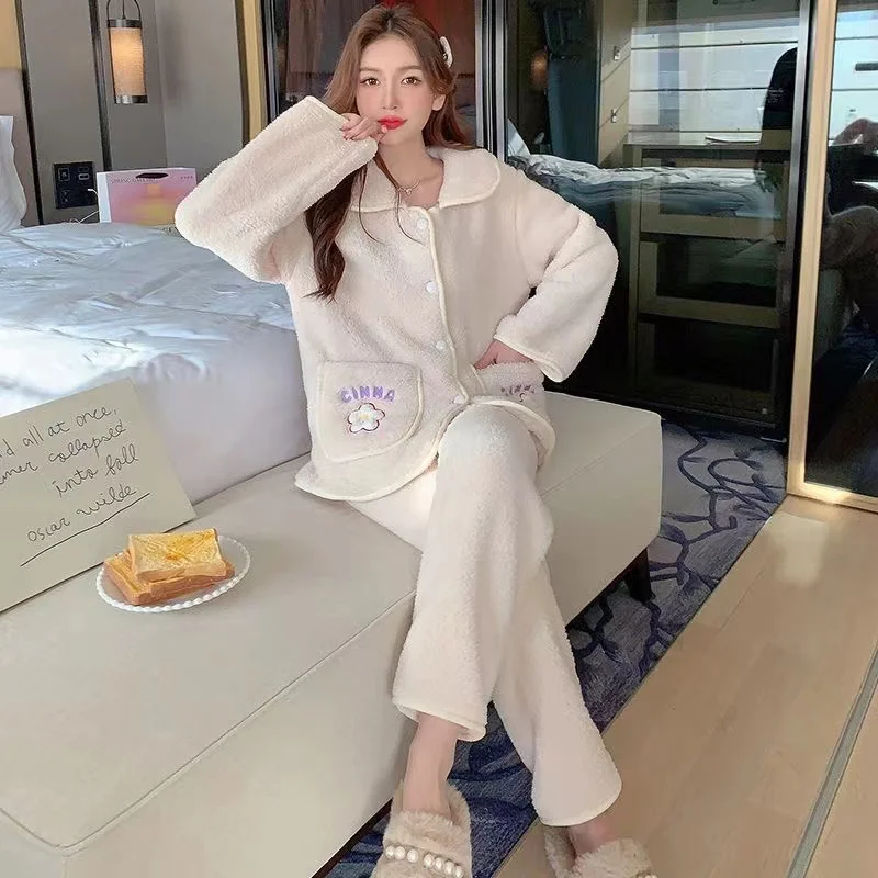 2023 New Pajama Sets Women Winter Flannel Pyjamas Thick Warm Long Sleeve Female Home Clothes Pijamas