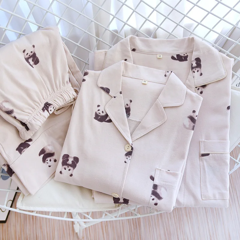 Panda Patterns 100% Cotton Knitted Women's Pajamas Set Home Wear Pajamas For Girls Sleepwear Loungewear Winter Pijama Pyjamas