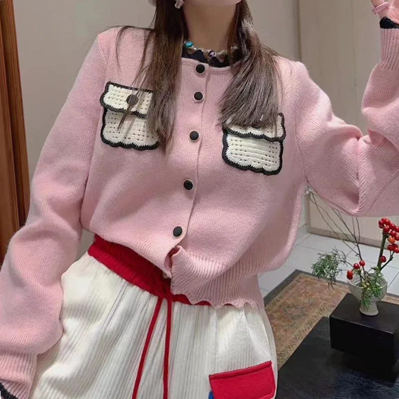 

Contrast pocket age-reducing sweater coat women's fall/winter new lace collar single-breasted knit cardigan
