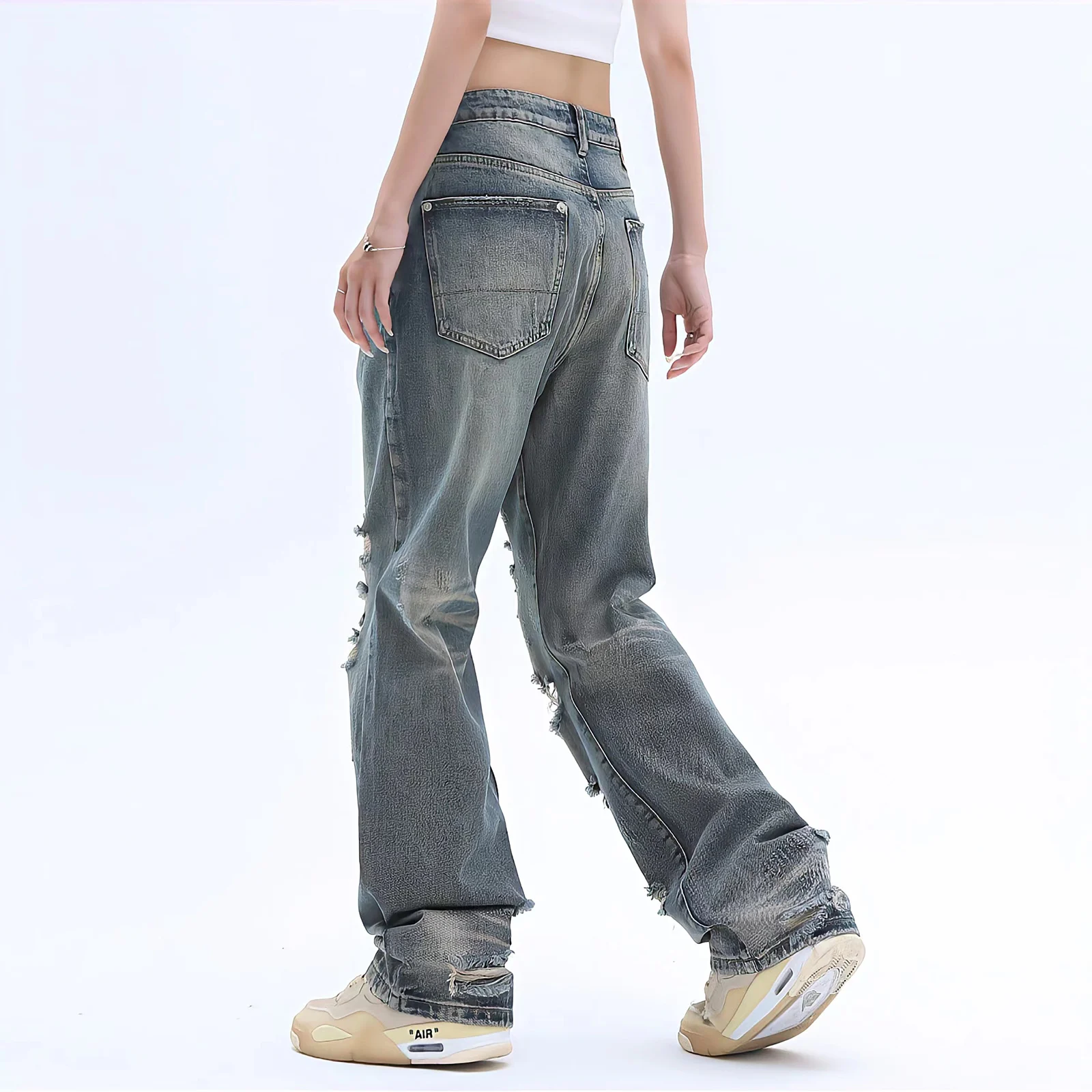 Ladies Ripped Jeans  Loose Wide Leg Pants Y2k New Washed Straight Pants Korean Retro Street Style Denim Trousers Womens Jeans