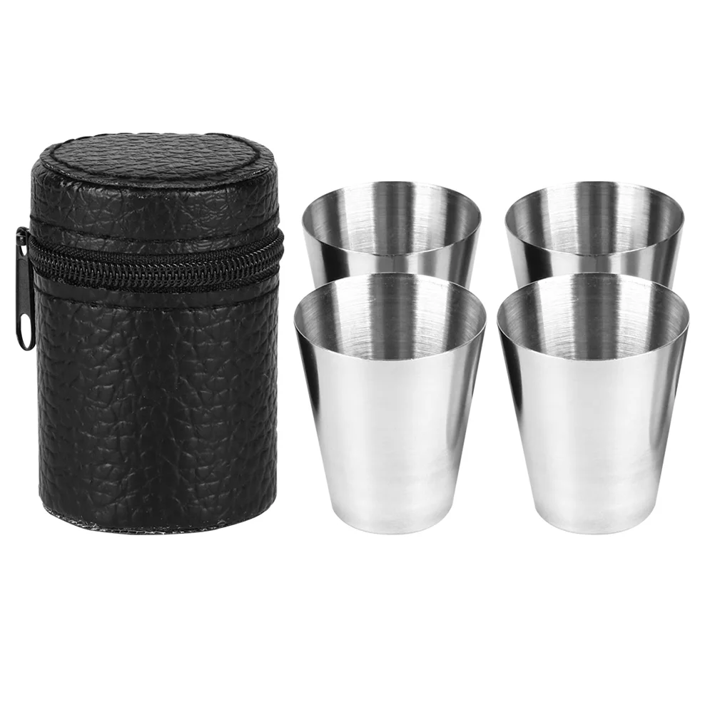 

4pcs 150ML Stainless Steel Cup Container Drinking Tumbler Spirits Cup for Outdoor Camping with A Cup Cover (Silver +