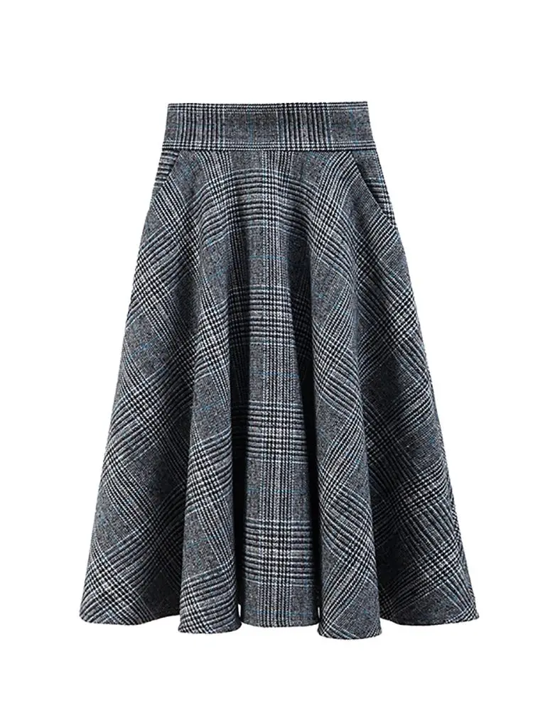 Long Skirt Plaid Winter Korean Fashion Big Swing High Waist Grey Midi Skirt Women Elegant A Line Pleated Skirts Spring Autumn