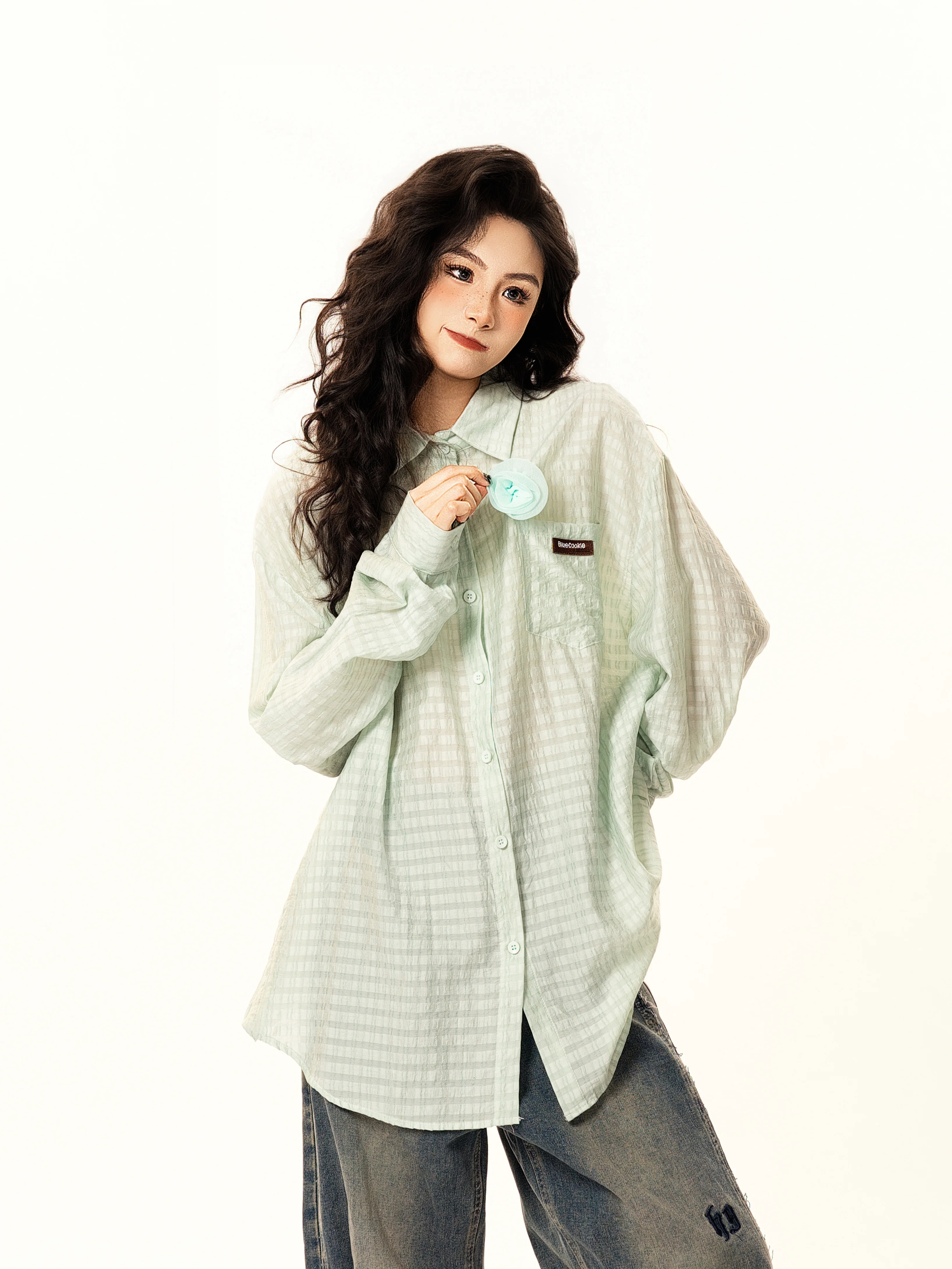 Asked and Sweet Simple Plaid Sun Protection Long sleeve Shirts Summer Thin Ribbon Loose Shirt Outerwear Women