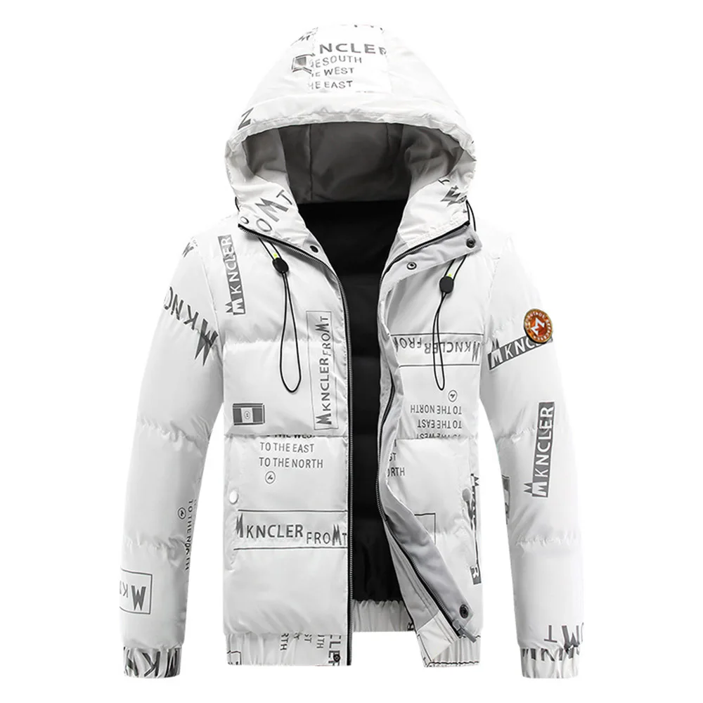 

Men's Fashion Winter White Down Jacket Hooded Regular Simple Parkas Thicken Short Shiny Cotton Padded Jacket Casual Letter Coat