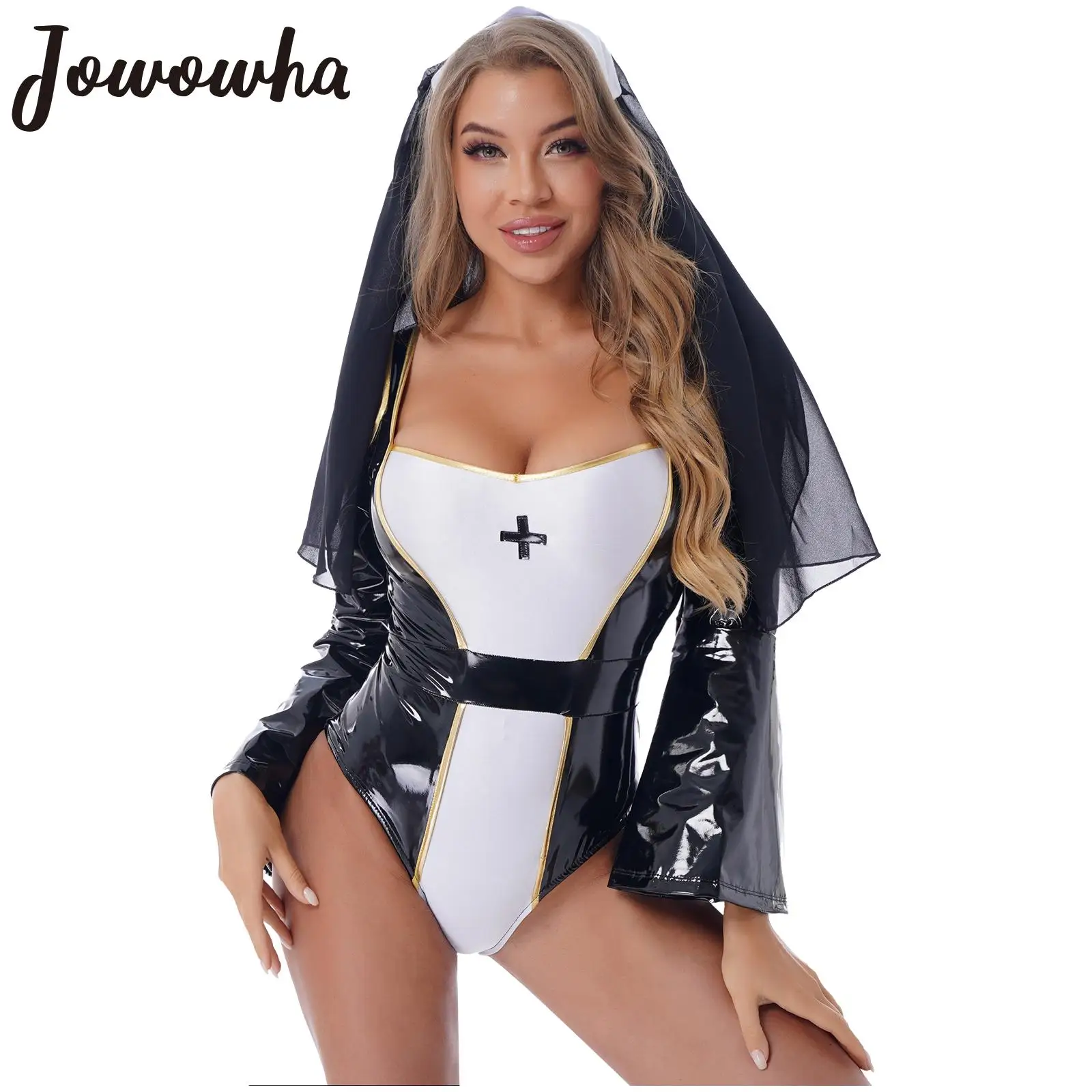 

Женский костюм горничной фонарик, костюм горничной из лакированной кожи с расклешенными рукавами, шифоновый головной убор